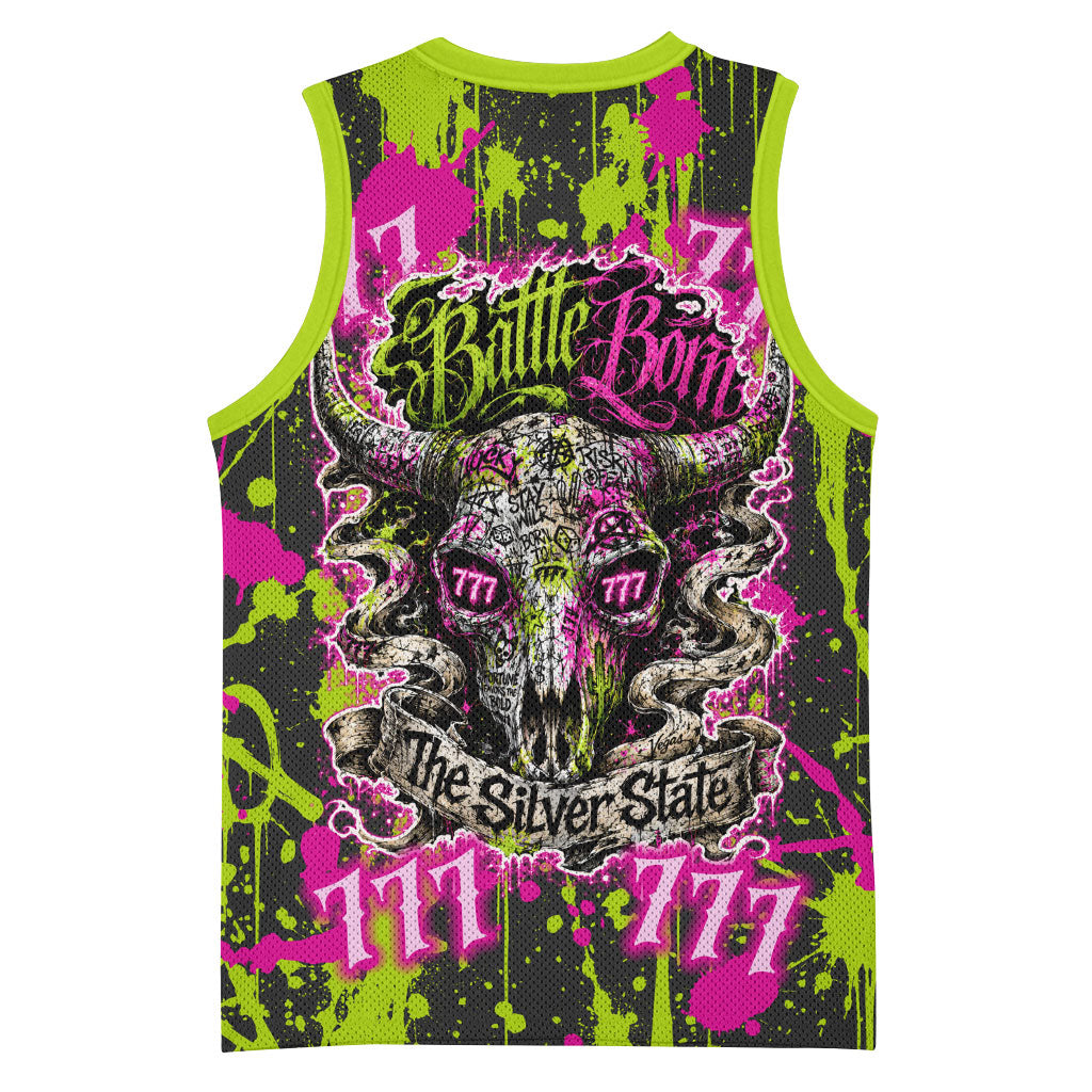 Nevada Battle Born The Silver State 777 Basketball Jersey Vibrant Lime Pink Splatter Punk Rock Bull Skull Art