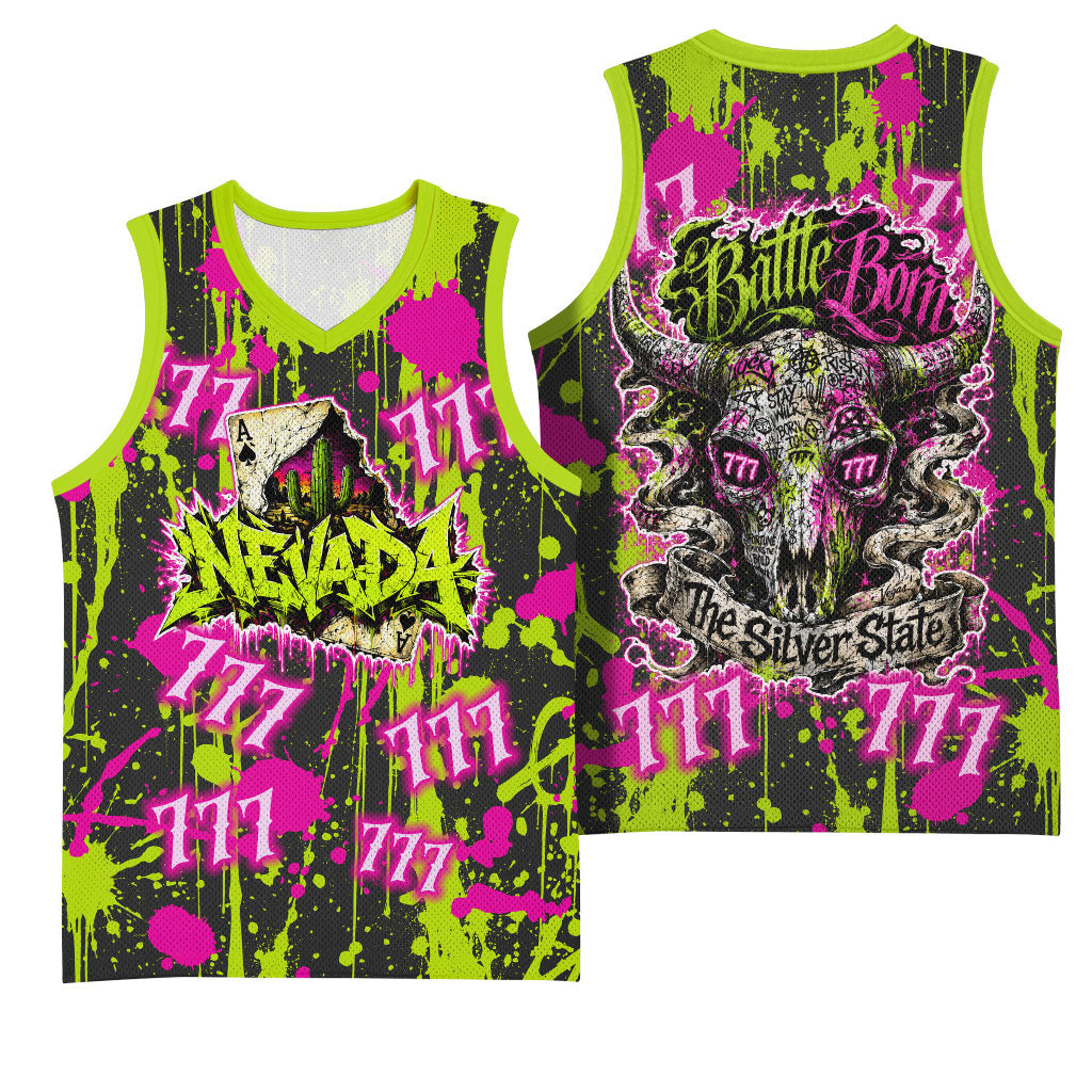 Nevada Battle Born The Silver State 777 Basketball Jersey Vibrant Lime Pink Splatter Punk Rock Bull Skull Art