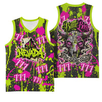 Nevada Battle Born The Silver State 777 Basketball Jersey Vibrant Lime Pink Splatter Punk Rock Bull Skull Art