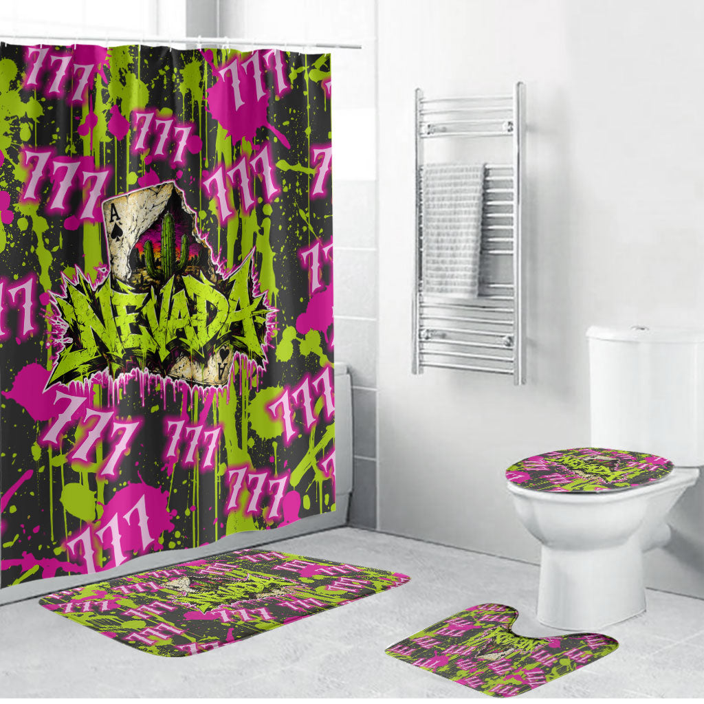 Nevada Battle Born The Silver State 777 Bathroom Set Vibrant Lime Pink Splatter Punk Rock Bull Skull Art