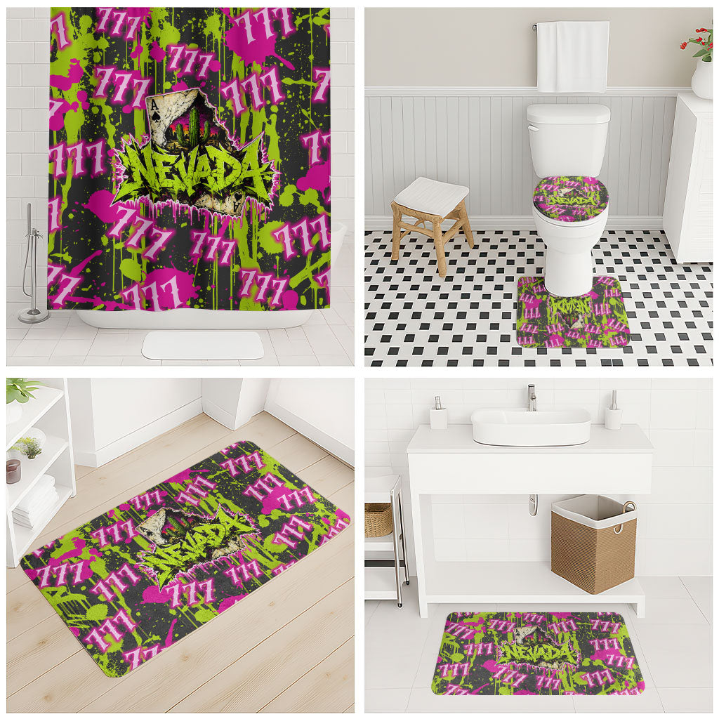 Nevada Battle Born The Silver State 777 Bathroom Set Vibrant Lime Pink Splatter Punk Rock Bull Skull Art
