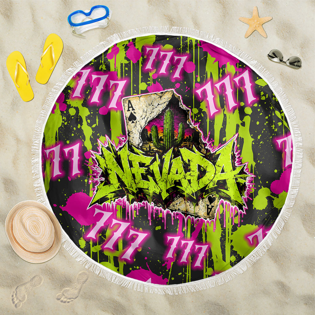 Nevada Battle Born The Silver State 777 Beach Blanket Vibrant Lime Pink Splatter Punk Rock Bull Skull Art