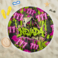 Nevada Battle Born The Silver State 777 Beach Blanket Vibrant Lime Pink Splatter Punk Rock Bull Skull Art