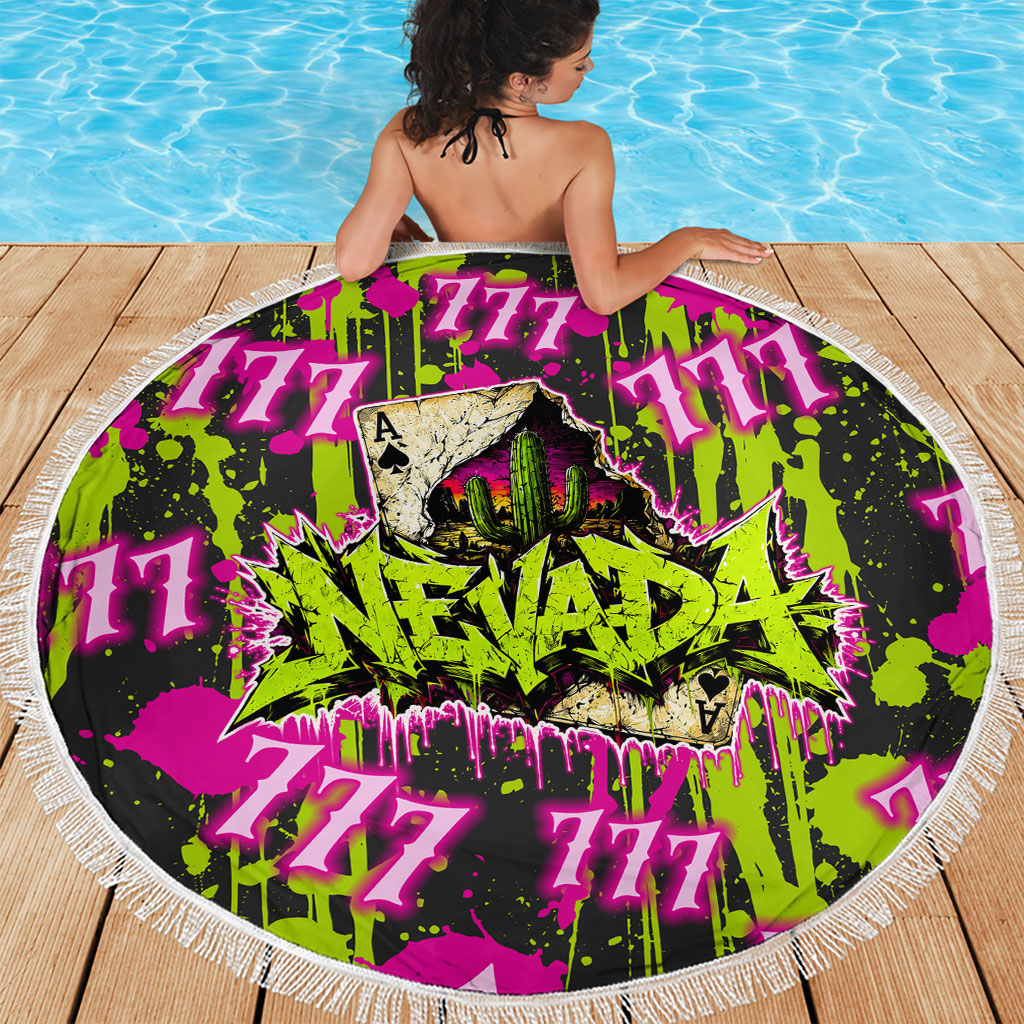 Nevada Battle Born The Silver State 777 Beach Blanket Vibrant Lime Pink Splatter Punk Rock Bull Skull Art