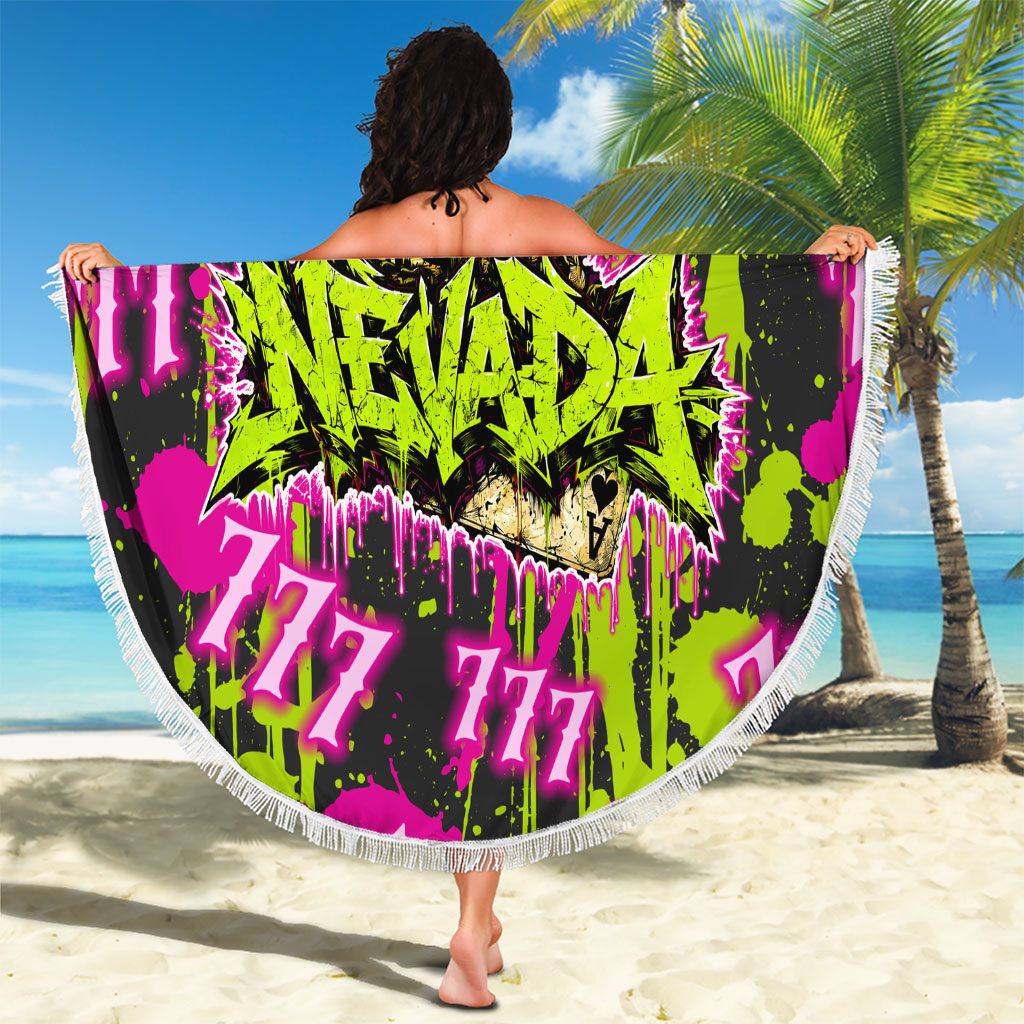 Nevada Battle Born The Silver State 777 Beach Blanket Vibrant Lime Pink Splatter Punk Rock Bull Skull Art