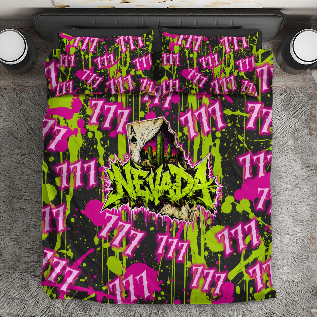 Nevada Battle Born The Silver State 777 Bedding Set Vibrant Lime Pink Splatter Punk Rock Bull Skull Art