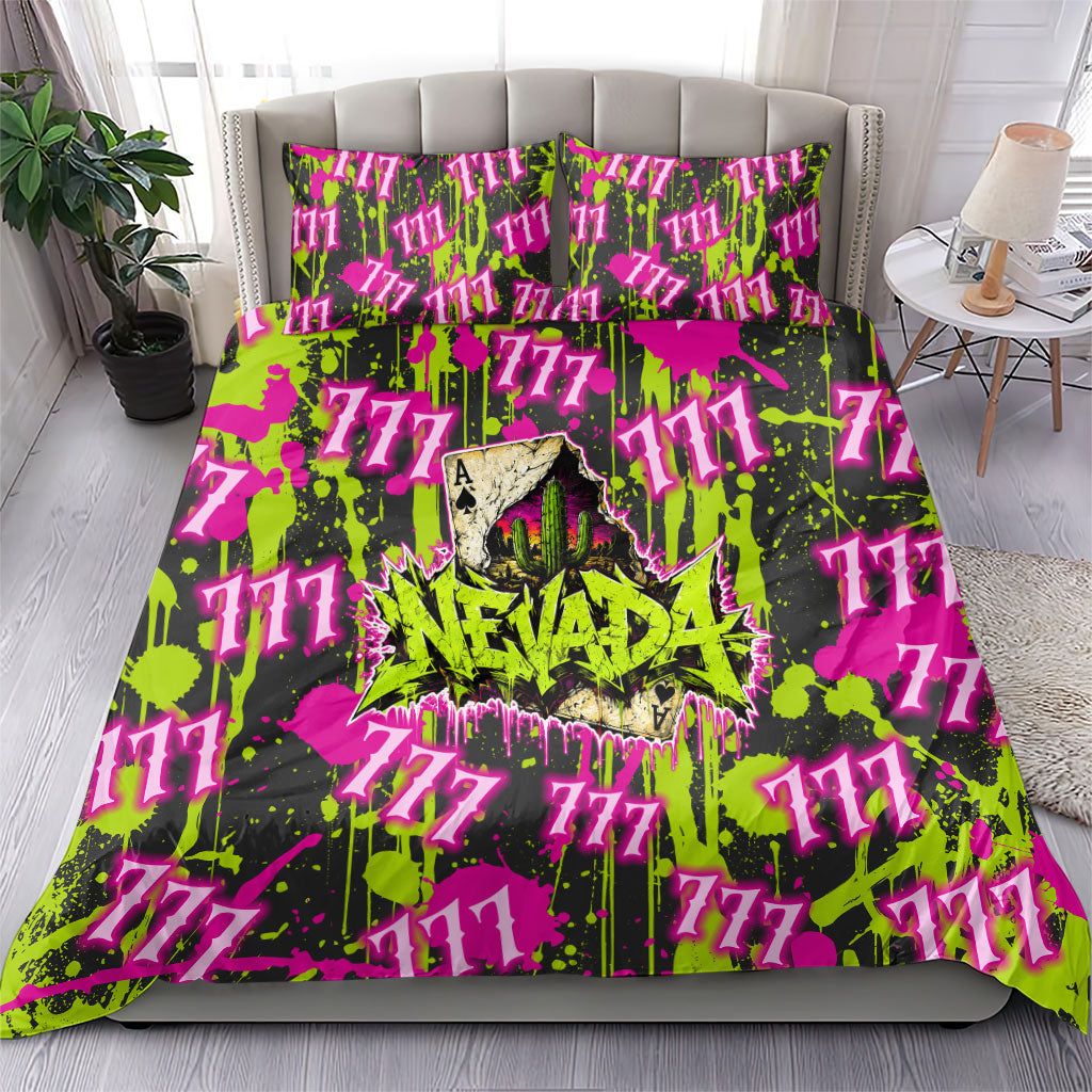 Nevada Battle Born The Silver State 777 Bedding Set Vibrant Lime Pink Splatter Punk Rock Bull Skull Art