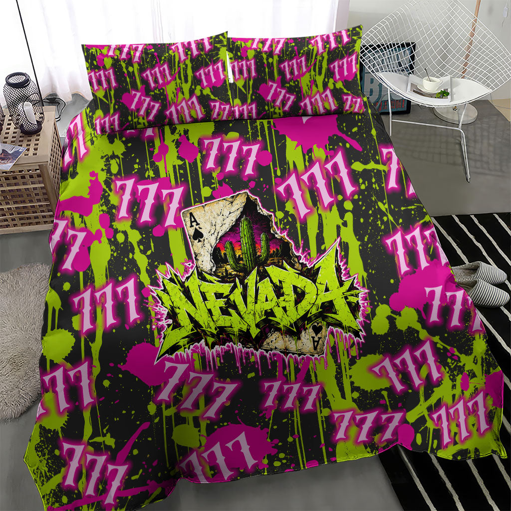 Nevada Battle Born The Silver State 777 Bedding Set Vibrant Lime Pink Splatter Punk Rock Bull Skull Art