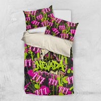 Nevada Battle Born The Silver State 777 Bedding Set Vibrant Lime Pink Splatter Punk Rock Bull Skull Art