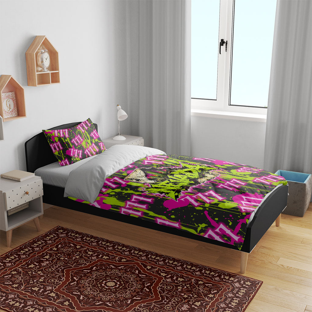 Nevada Battle Born The Silver State 777 Bedding Set Vibrant Lime Pink Splatter Punk Rock Bull Skull Art