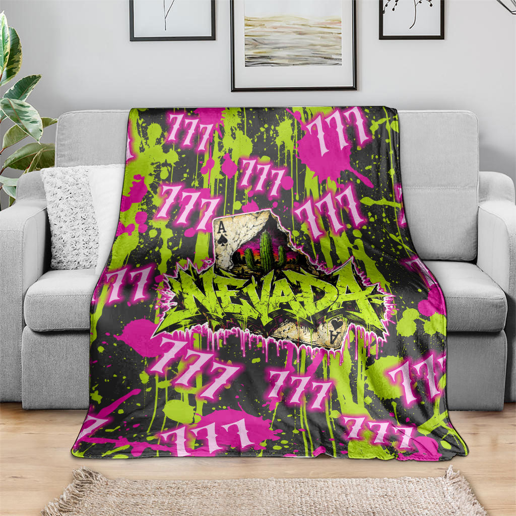Nevada Battle Born The Silver State 777 Blanket Vibrant Lime Pink Splatter Punk Rock Bull Skull Art