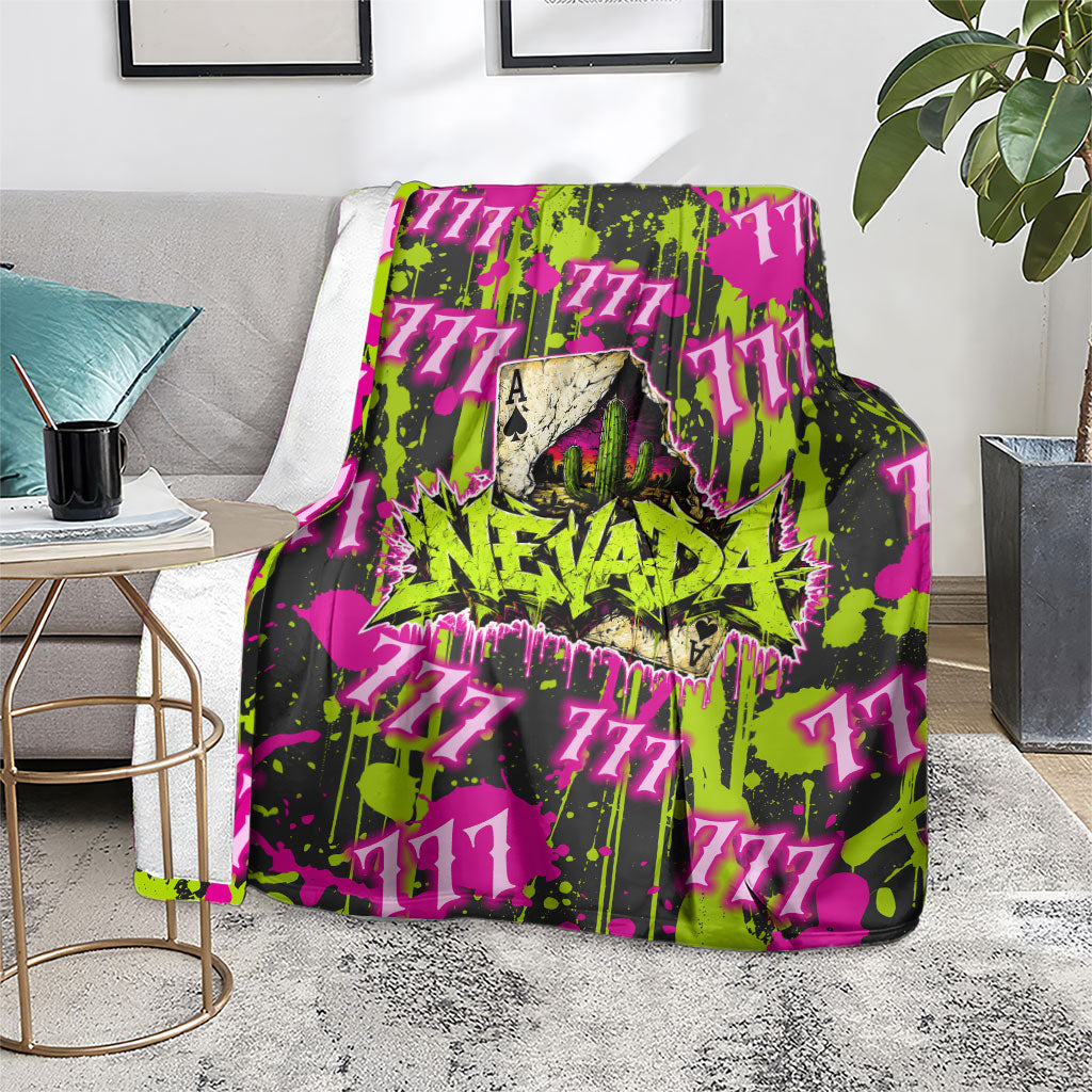 Nevada Battle Born The Silver State 777 Blanket Vibrant Lime Pink Splatter Punk Rock Bull Skull Art