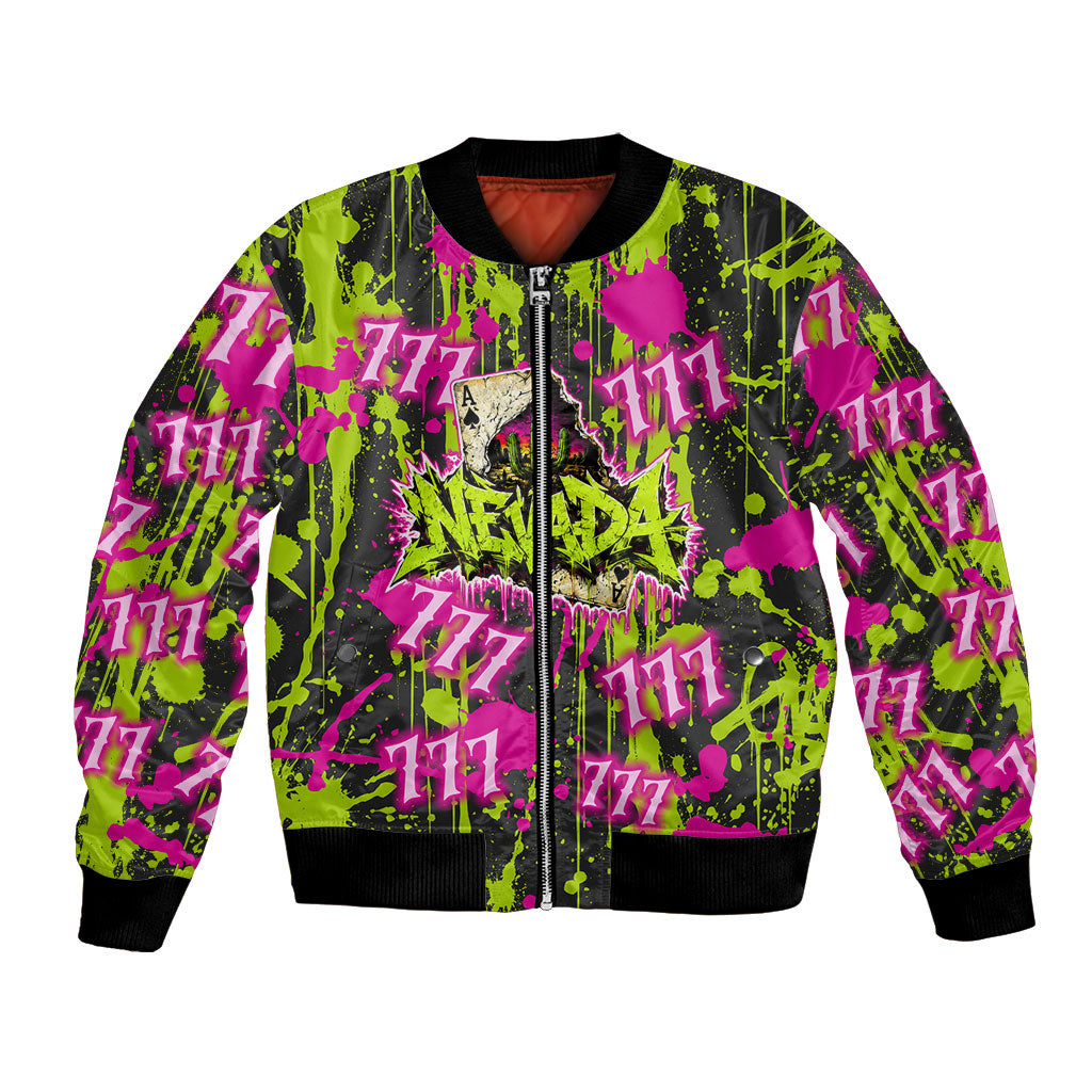 Nevada Battle Born The Silver State 777 Bomber Jacket Vibrant Lime Pink Splatter Punk Rock Bull Skull Art