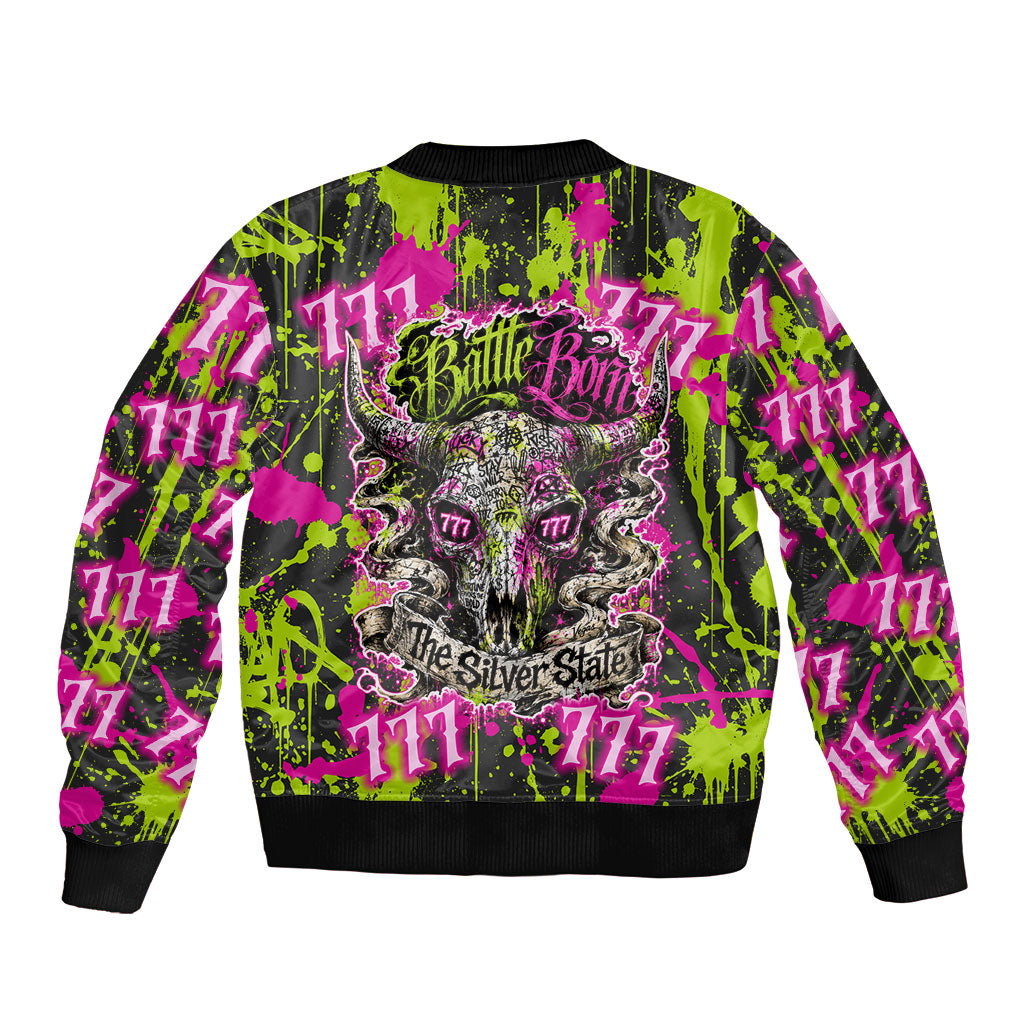Nevada Battle Born The Silver State 777 Bomber Jacket Vibrant Lime Pink Splatter Punk Rock Bull Skull Art