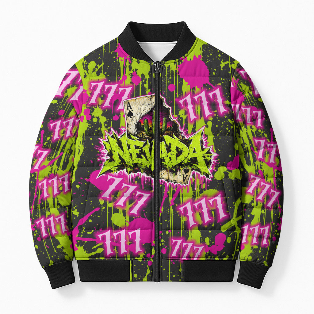 Nevada Battle Born The Silver State 777 Bomber Puffer Jacket Vibrant Lime Pink Splatter Punk Rock Bull Skull Art