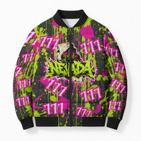 Nevada Battle Born The Silver State 777 Bomber Puffer Jacket Vibrant Lime Pink Splatter Punk Rock Bull Skull Art