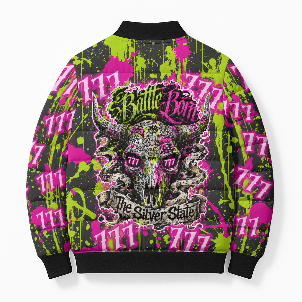 Nevada Battle Born The Silver State 777 Bomber Puffer Jacket Vibrant Lime Pink Splatter Punk Rock Bull Skull Art