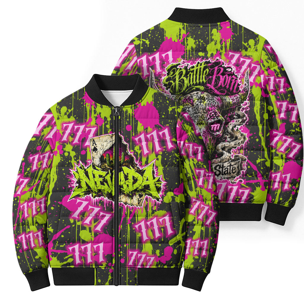 Nevada Battle Born The Silver State 777 Bomber Puffer Jacket Vibrant Lime Pink Splatter Punk Rock Bull Skull Art