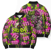Nevada Battle Born The Silver State 777 Bomber Puffer Jacket Vibrant Lime Pink Splatter Punk Rock Bull Skull Art
