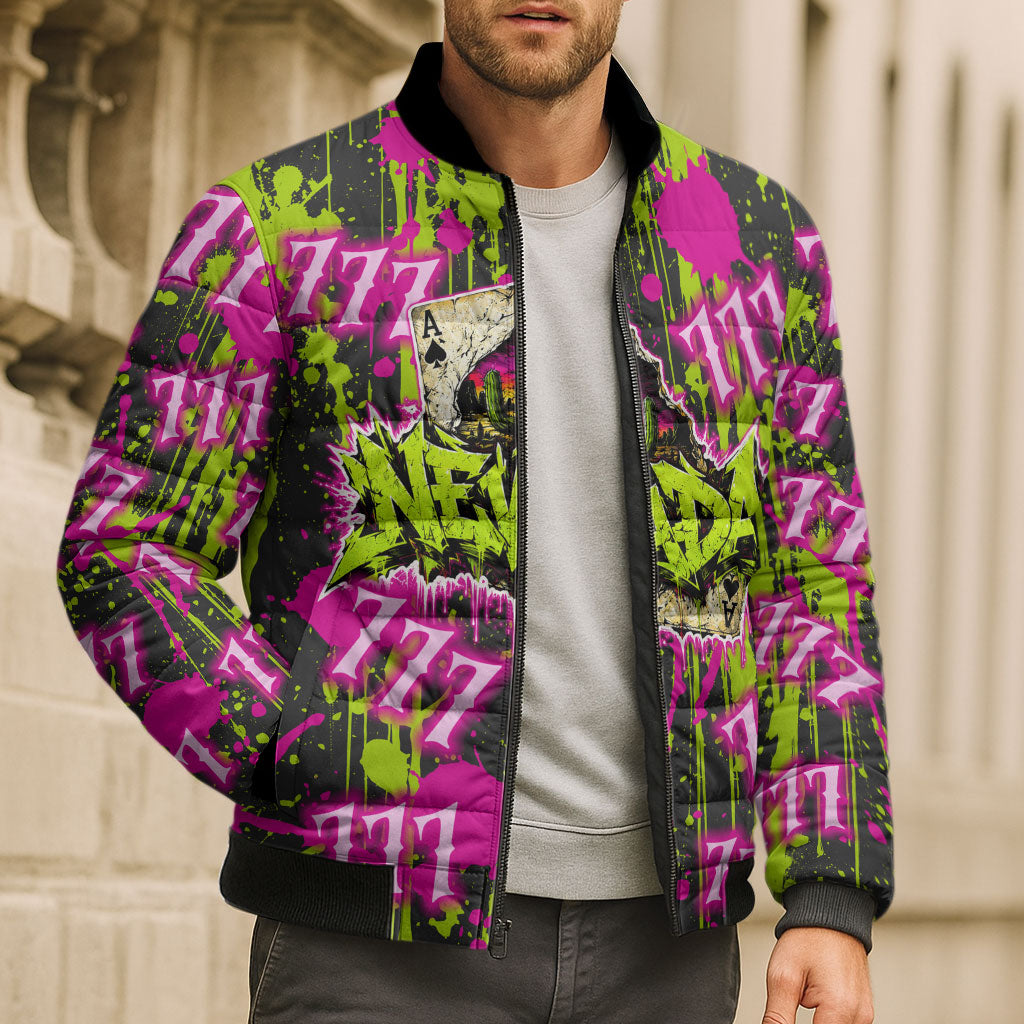 Nevada Battle Born The Silver State 777 Bomber Puffer Jacket Vibrant Lime Pink Splatter Punk Rock Bull Skull Art