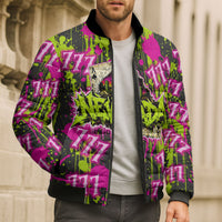 Nevada Battle Born The Silver State 777 Bomber Puffer Jacket Vibrant Lime Pink Splatter Punk Rock Bull Skull Art