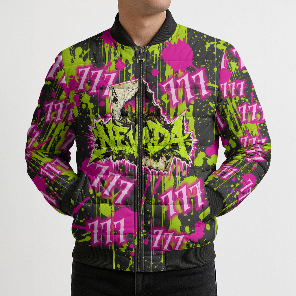 Nevada Battle Born The Silver State 777 Bomber Puffer Jacket Vibrant Lime Pink Splatter Punk Rock Bull Skull Art