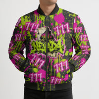 Nevada Battle Born The Silver State 777 Bomber Puffer Jacket Vibrant Lime Pink Splatter Punk Rock Bull Skull Art