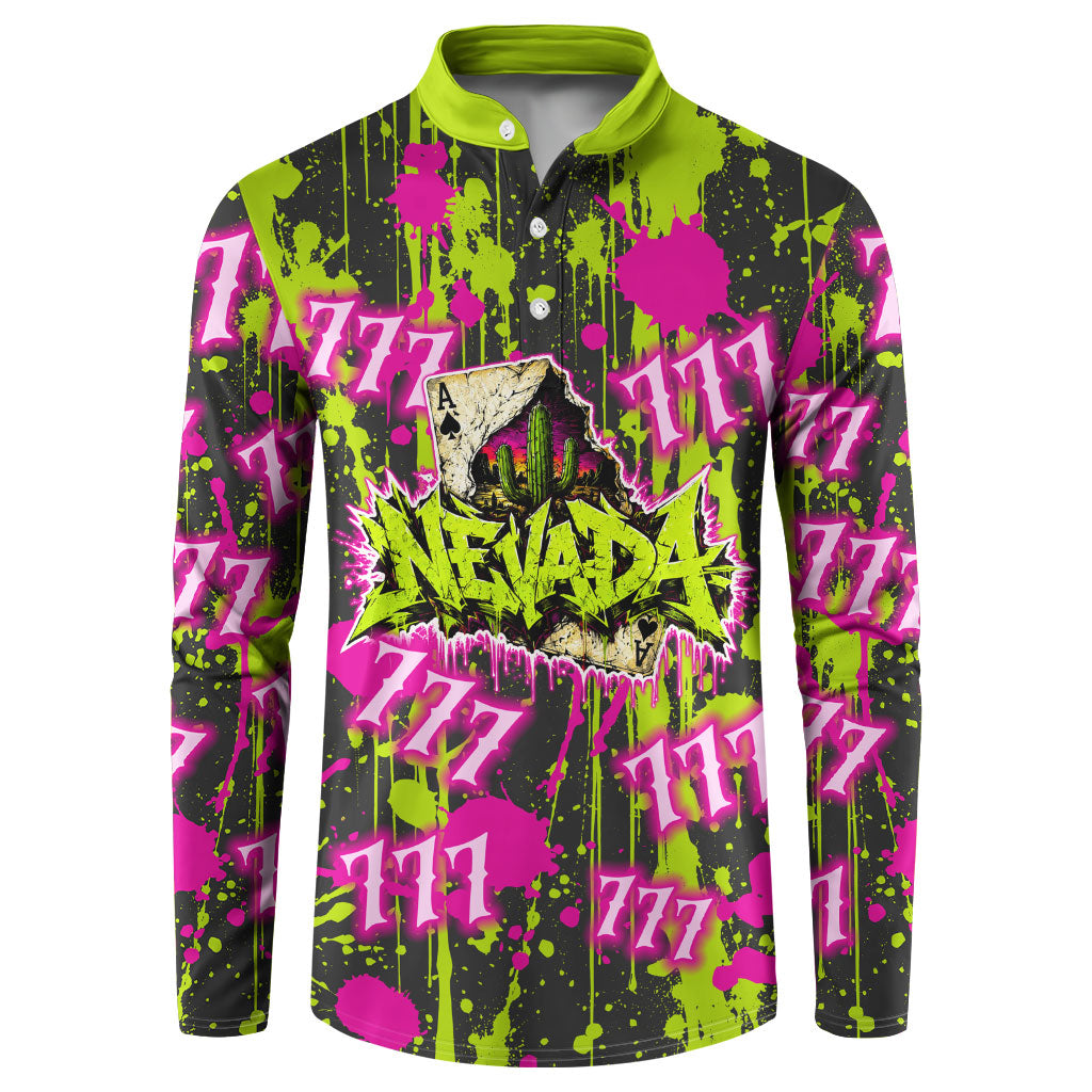 Nevada Battle Born The Silver State 777 Button Sweatshirt Vibrant Lime Pink Splatter Punk Rock Bull Skull Art
