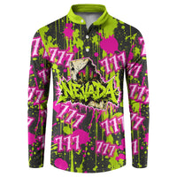 Nevada Battle Born The Silver State 777 Button Sweatshirt Vibrant Lime Pink Splatter Punk Rock Bull Skull Art