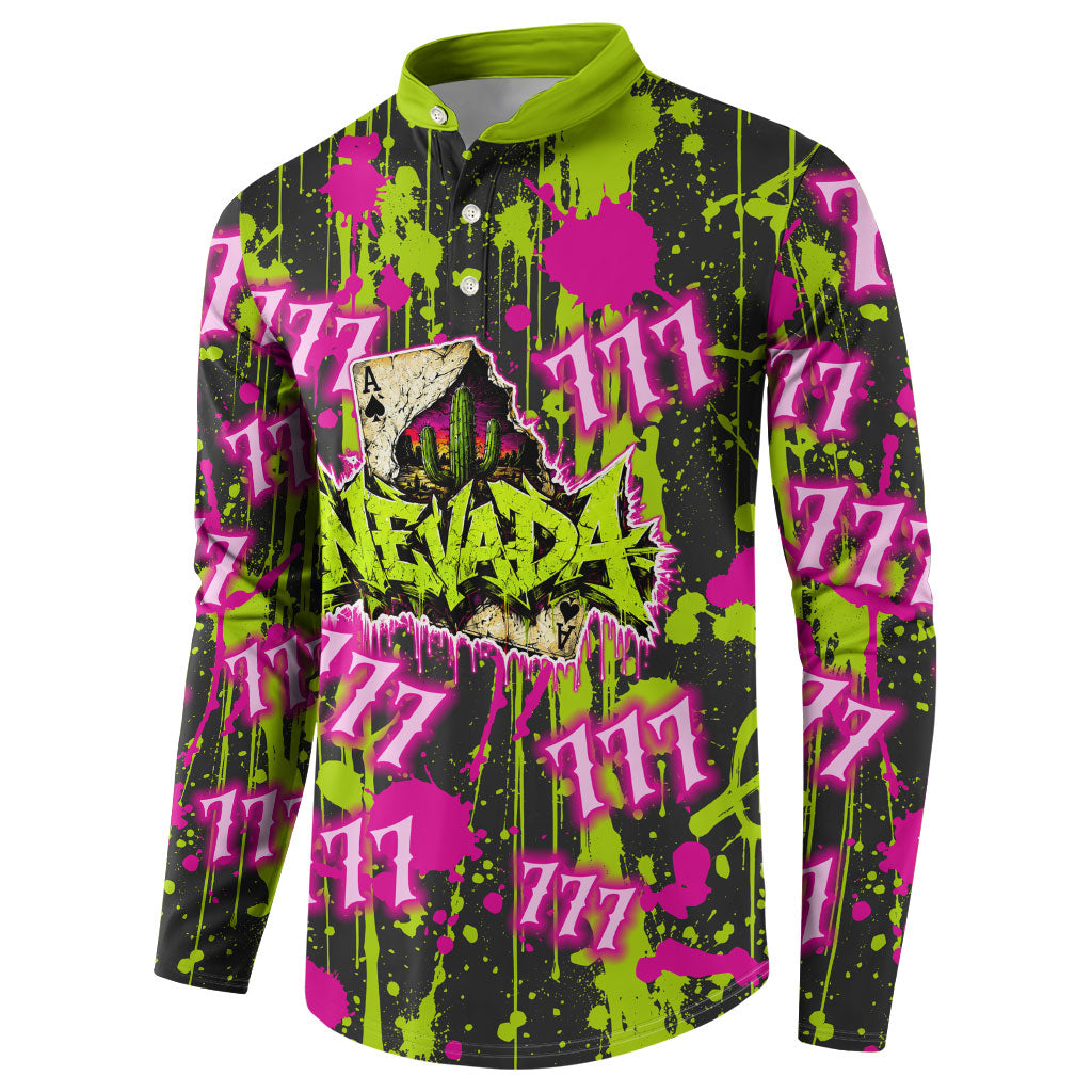 Nevada Battle Born The Silver State 777 Button Sweatshirt Vibrant Lime Pink Splatter Punk Rock Bull Skull Art
