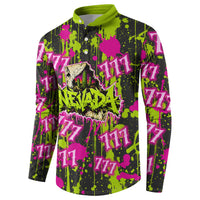 Nevada Battle Born The Silver State 777 Button Sweatshirt Vibrant Lime Pink Splatter Punk Rock Bull Skull Art