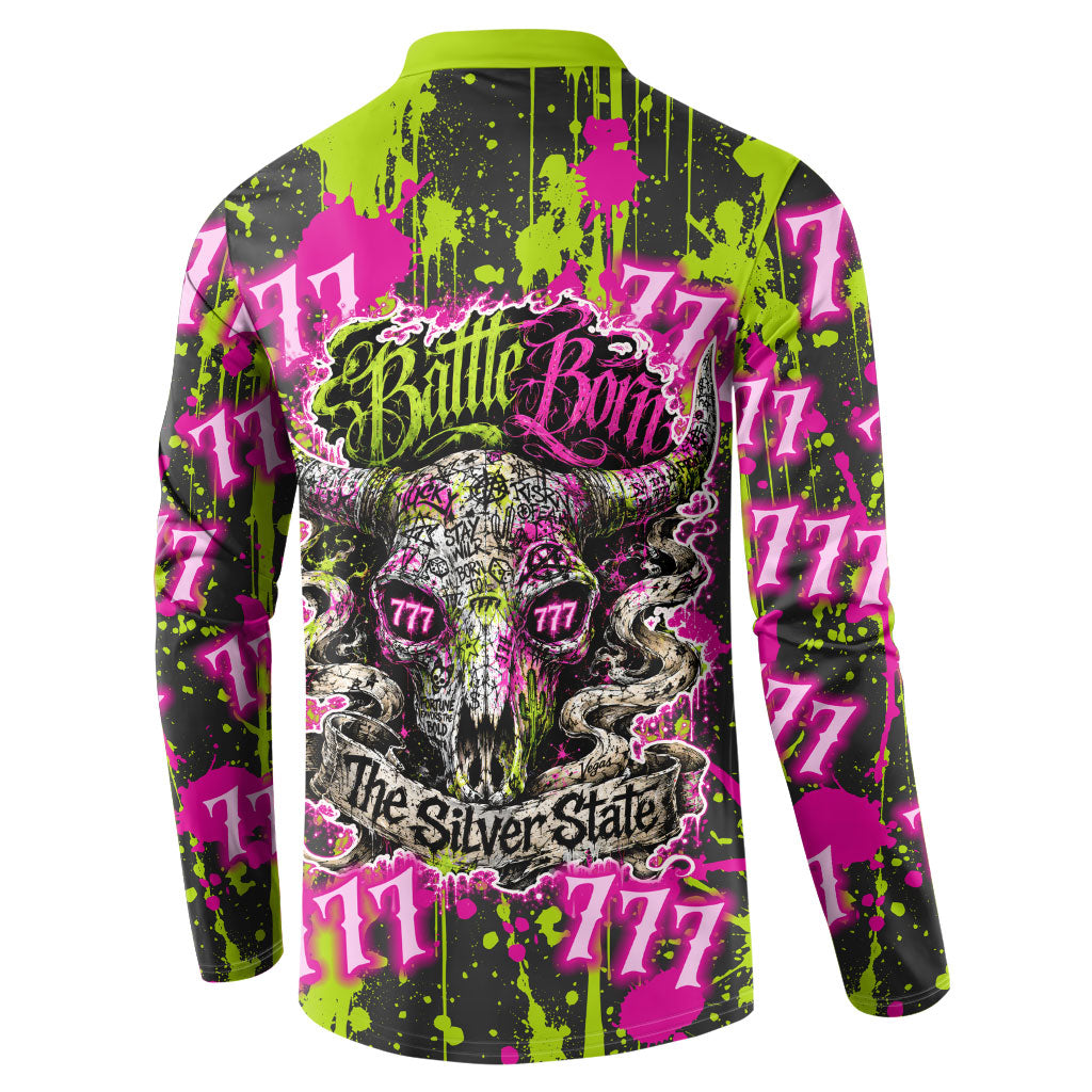 Nevada Battle Born The Silver State 777 Button Sweatshirt Vibrant Lime Pink Splatter Punk Rock Bull Skull Art
