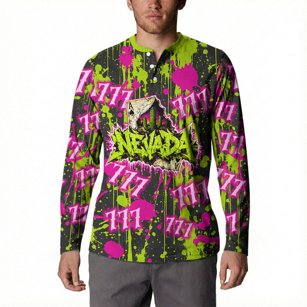 Nevada Battle Born The Silver State 777 Button Sweatshirt Vibrant Lime Pink Splatter Punk Rock Bull Skull Art