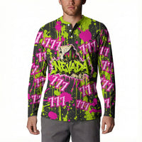 Nevada Battle Born The Silver State 777 Button Sweatshirt Vibrant Lime Pink Splatter Punk Rock Bull Skull Art