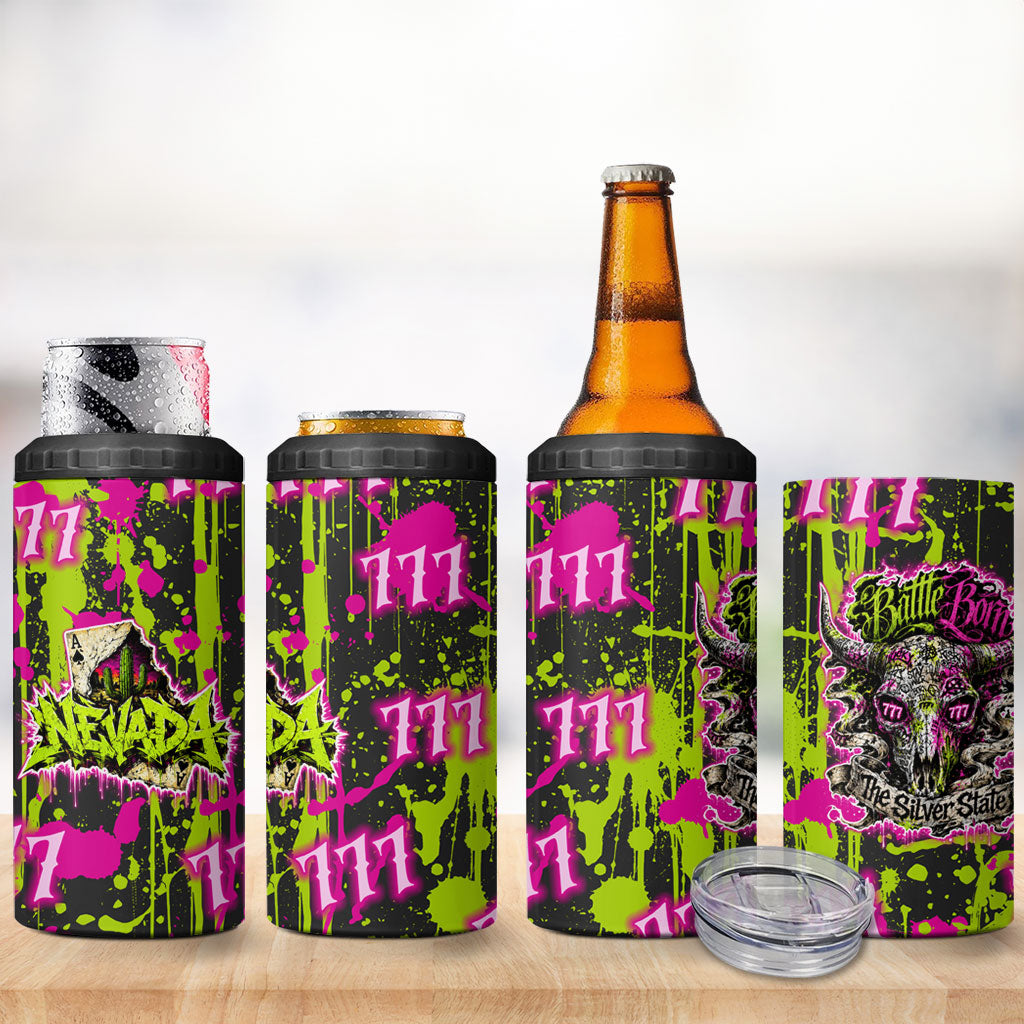 Nevada Battle Born The Silver State 777 4 in 1 Can Cooler Tumbler Vibrant Lime Pink Splatter Punk Rock Bull Skull Art