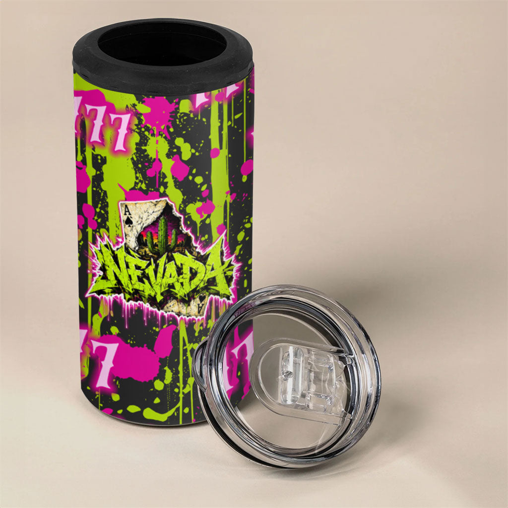 Nevada Battle Born The Silver State 777 4 in 1 Can Cooler Tumbler Vibrant Lime Pink Splatter Punk Rock Bull Skull Art