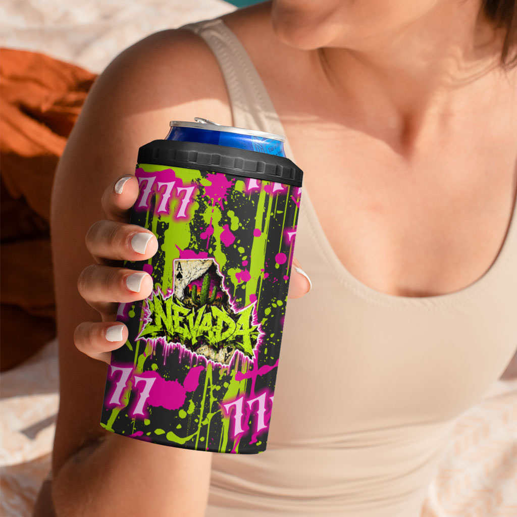 Nevada Battle Born The Silver State 777 4 in 1 Can Cooler Tumbler Vibrant Lime Pink Splatter Punk Rock Bull Skull Art