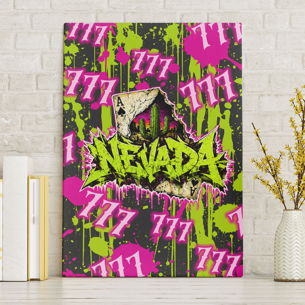 Nevada Battle Born The Silver State 777 Canvas Wall Art Vibrant Lime Pink Splatter Punk Rock Bull Skull Art