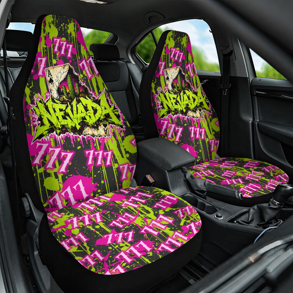 Nevada Battle Born The Silver State 777 Car Seat Cover Vibrant Lime Pink Splatter Punk Rock Bull Skull Art
