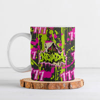 Nevada Battle Born The Silver State 777 Ceramic Mug Vibrant Lime Pink Splatter Punk Rock Bull Skull Art
