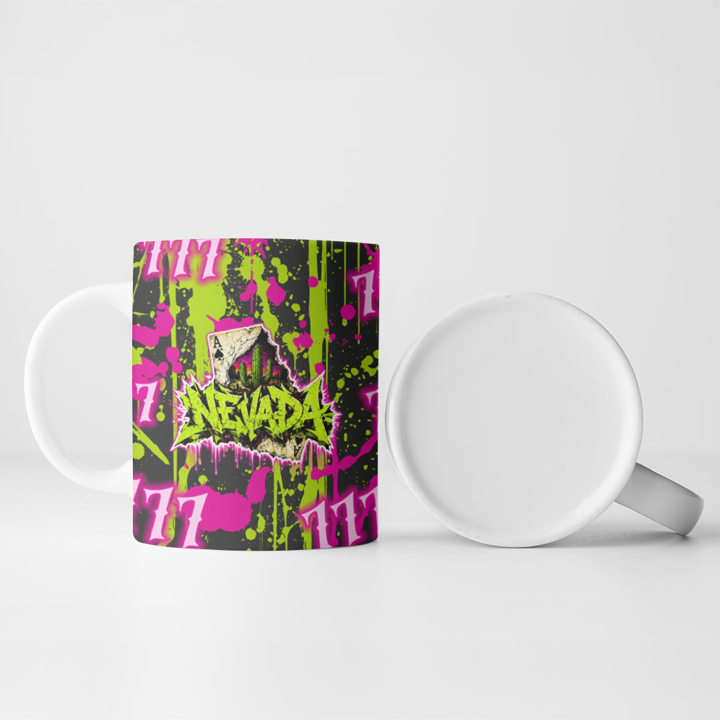 Nevada Battle Born The Silver State 777 Ceramic Mug Vibrant Lime Pink Splatter Punk Rock Bull Skull Art