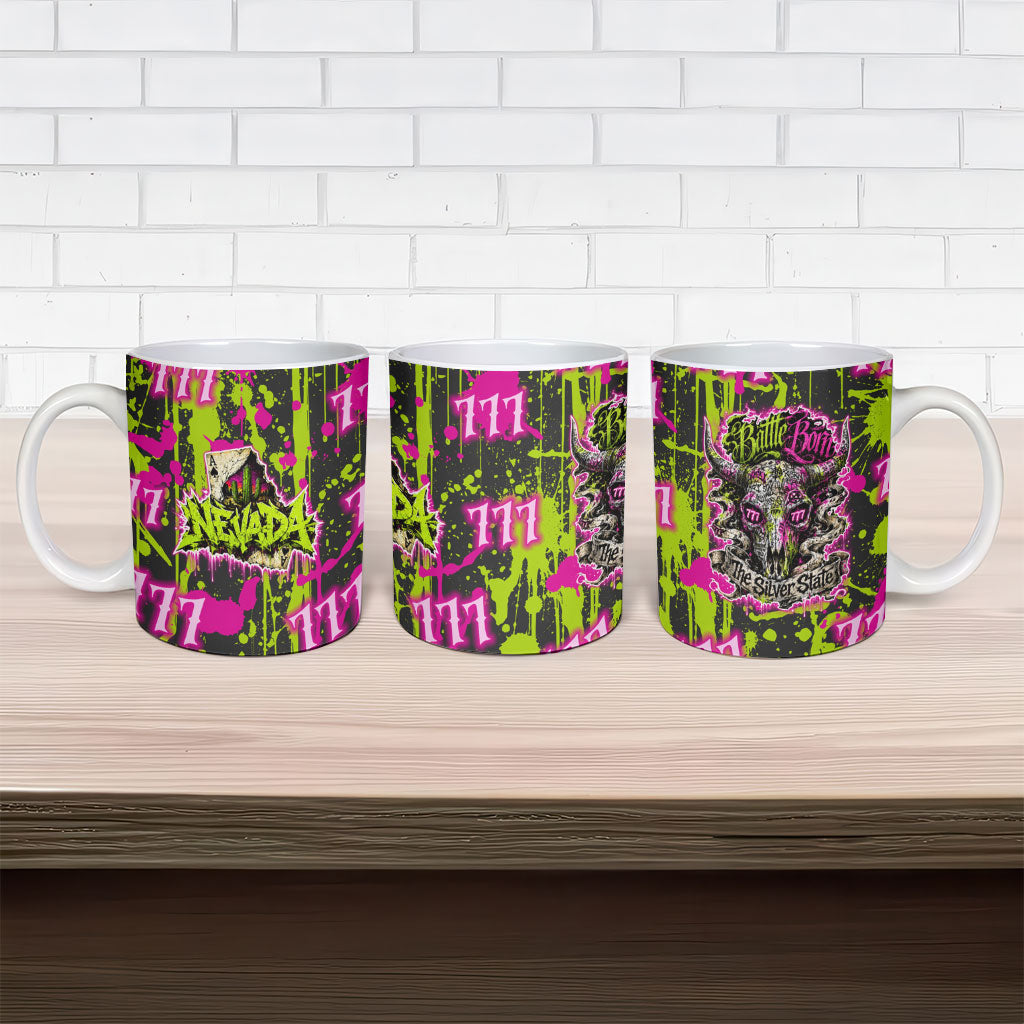 Nevada Battle Born The Silver State 777 Ceramic Mug Vibrant Lime Pink Splatter Punk Rock Bull Skull Art