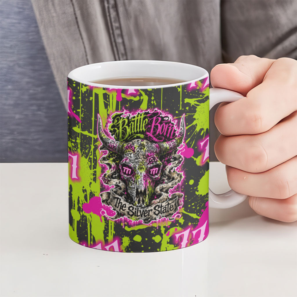 Nevada Battle Born The Silver State 777 Ceramic Mug Vibrant Lime Pink Splatter Punk Rock Bull Skull Art