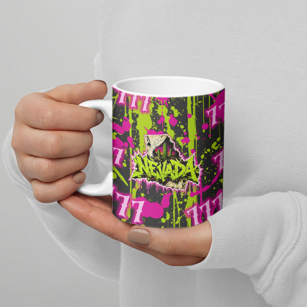 Nevada Battle Born The Silver State 777 Ceramic Mug Vibrant Lime Pink Splatter Punk Rock Bull Skull Art