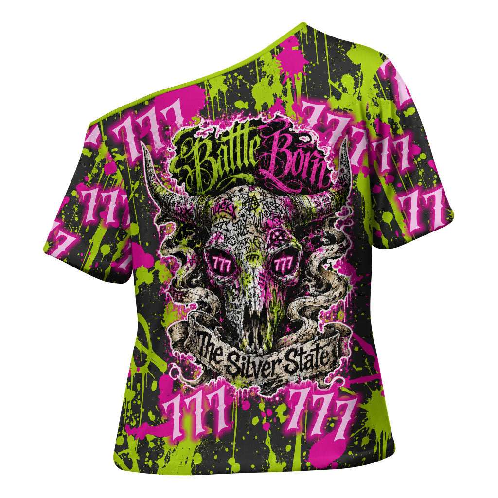 Nevada Battle Born The Silver State 777 Cross Shoulder Shirt Vibrant Lime Pink Splatter Punk Rock Bull Skull Art