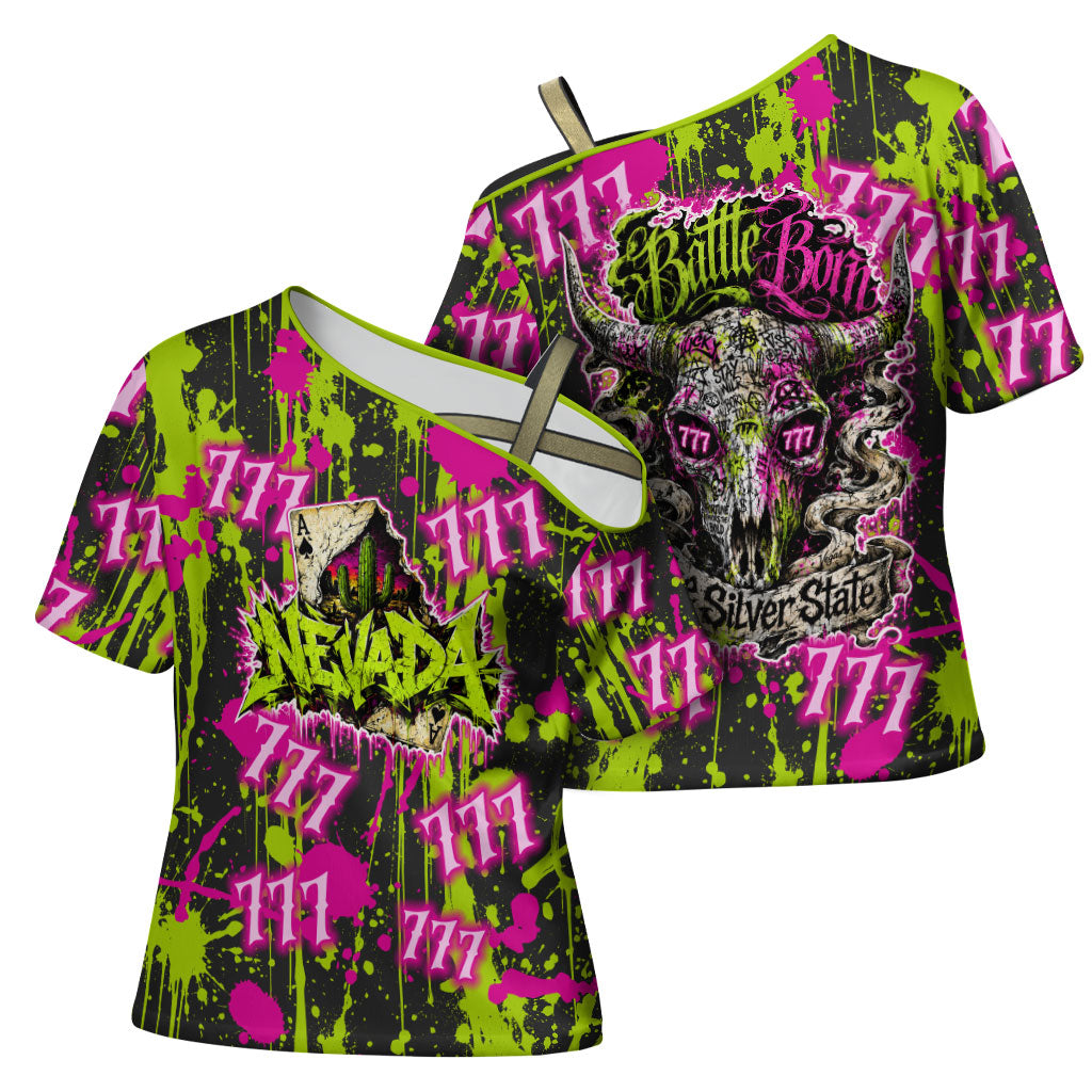 Nevada Battle Born The Silver State 777 Cross Shoulder Shirt Vibrant Lime Pink Splatter Punk Rock Bull Skull Art