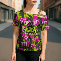 Nevada Battle Born The Silver State 777 Cross Shoulder Shirt Vibrant Lime Pink Splatter Punk Rock Bull Skull Art