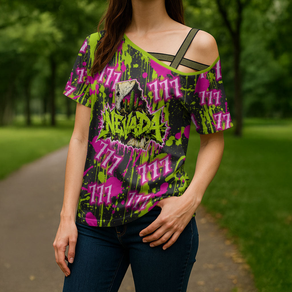Nevada Battle Born The Silver State 777 Cross Shoulder Shirt Vibrant Lime Pink Splatter Punk Rock Bull Skull Art