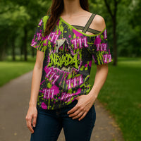 Nevada Battle Born The Silver State 777 Cross Shoulder Shirt Vibrant Lime Pink Splatter Punk Rock Bull Skull Art