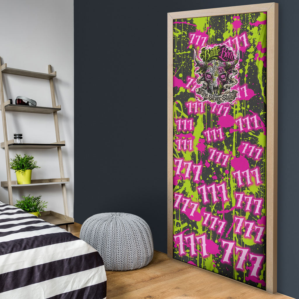 Nevada Battle Born The Silver State 777 Door Cover Vibrant Lime Pink Splatter Punk Rock Bull Skull Art
